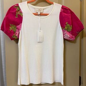 Flora Bea Floral Sleeve Women's Top - Cream and Pink - XL